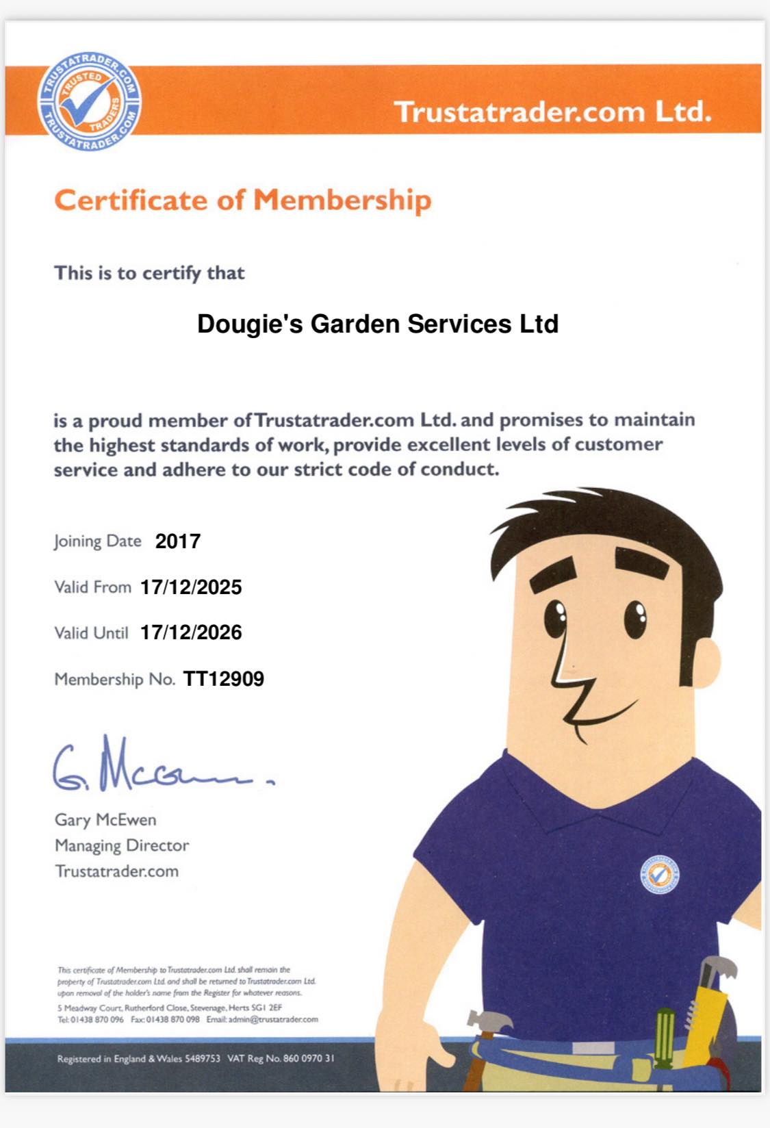 Dougies Garden Service TrustATrader certificate of membership
