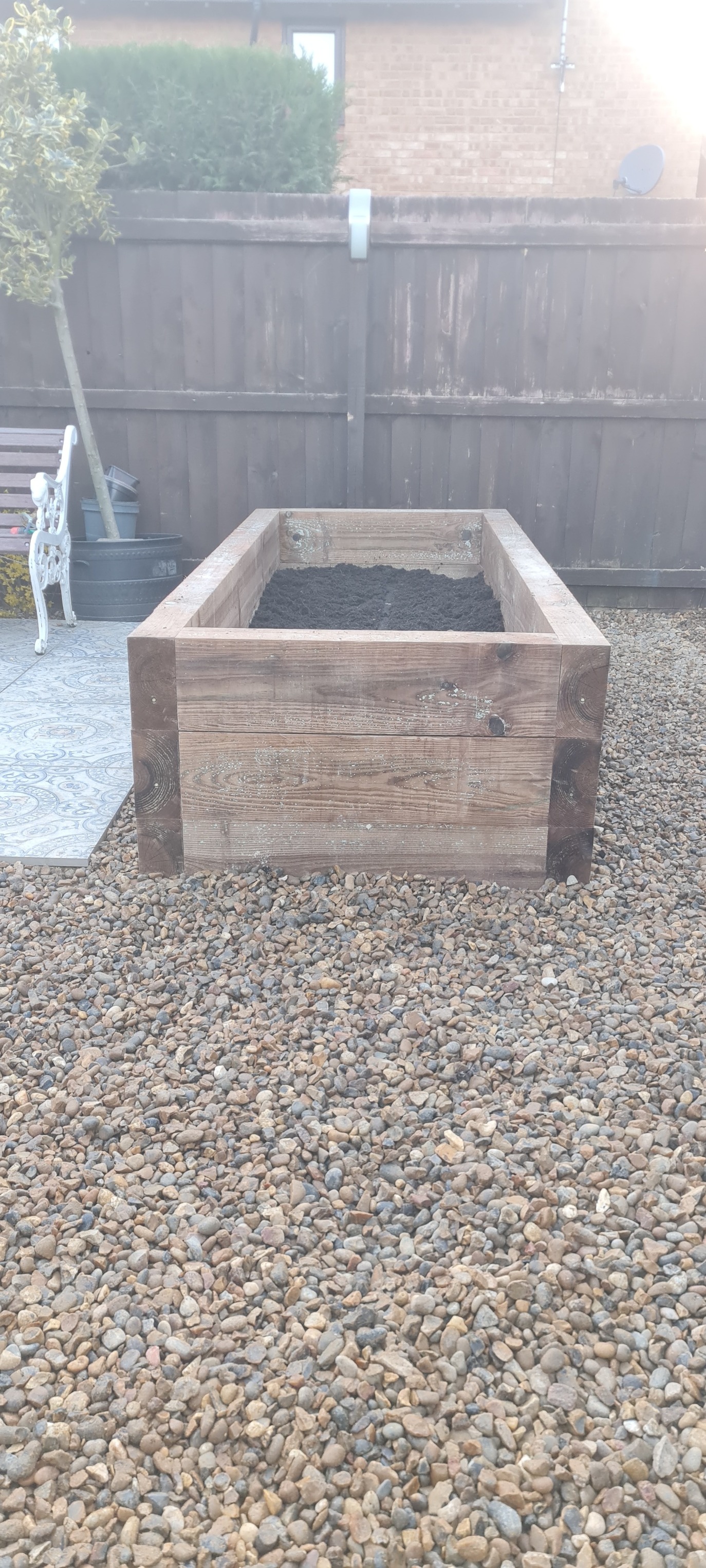 Newly built raised wooden planter box